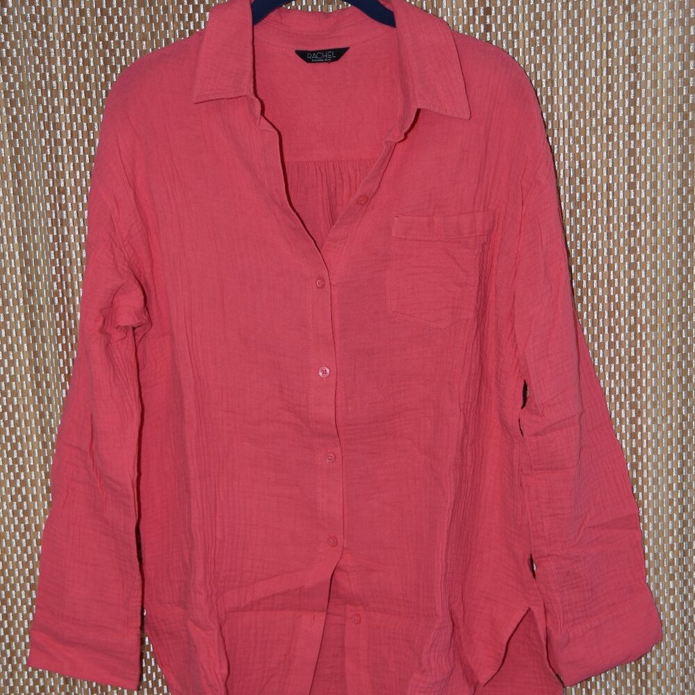 RACHEL ROY Women’s Long Sleeve Pink Crinkle Style Soft Button Up Tunic